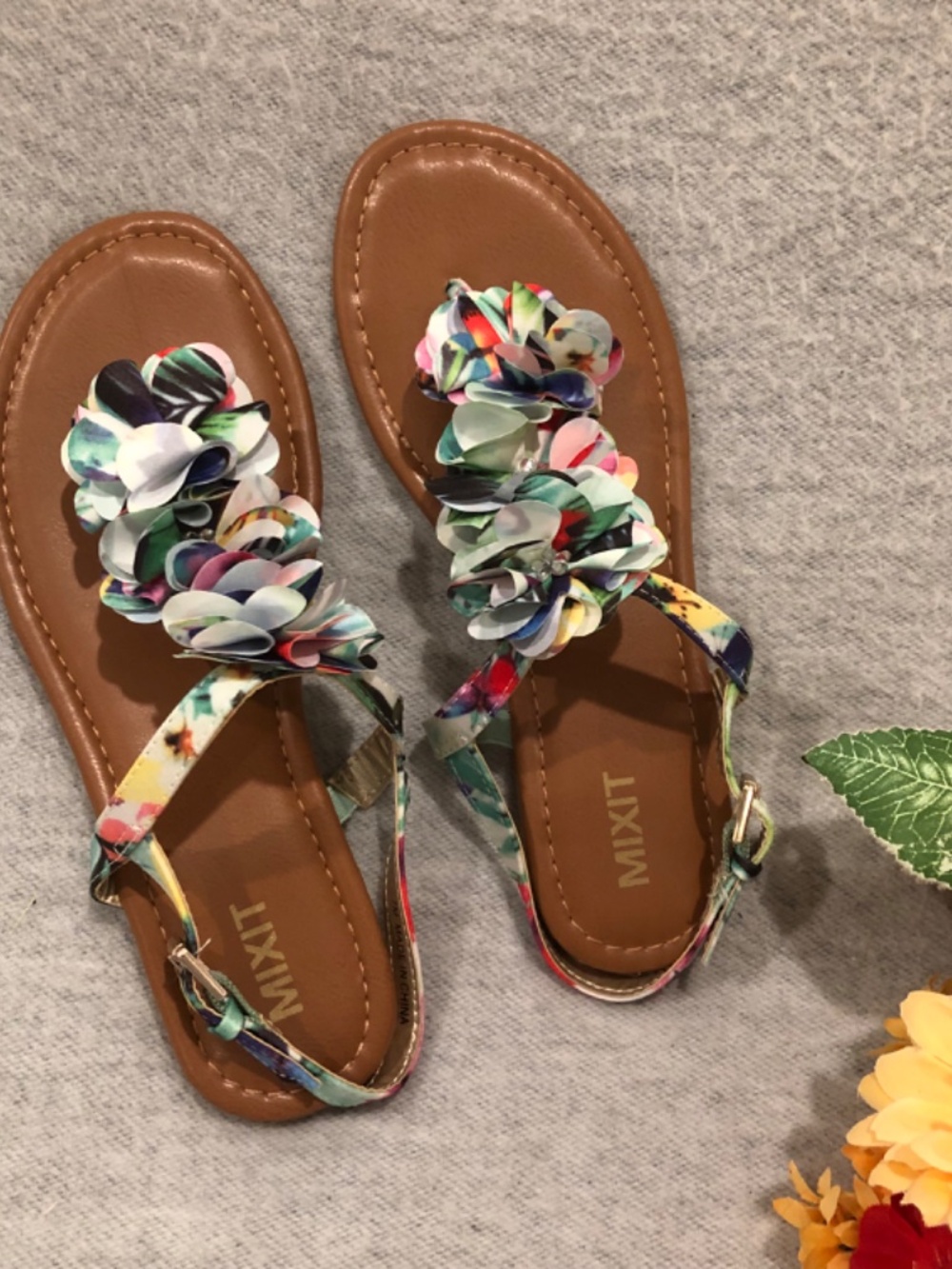 NWOT - Multicolored Fabric Floral Petal Thong-style Sandals